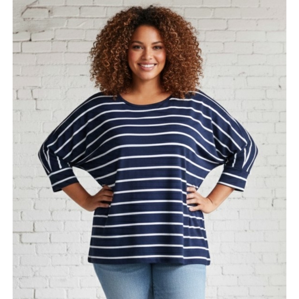 Olivia Blu 3/4 Sleeve Striped Top Navy & White Size 1X